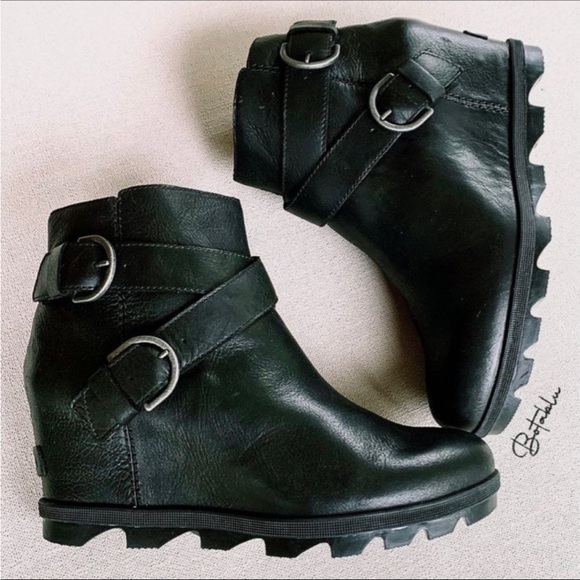 SOREL Joan of Arctic Wedge Moto Buckle Waterproof Leather Ankle Bootie Boots - Picture 7 of 8